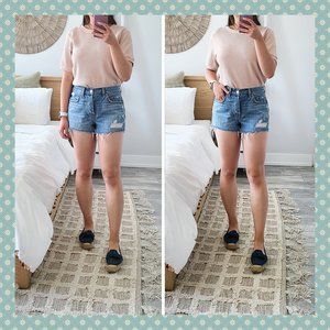 AllSaints Mai Destroyed High-Rise Denim Shorts in Indigo‎ Blue